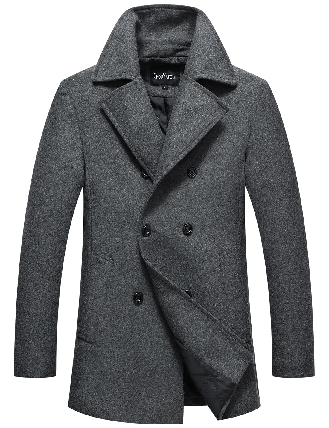 chouyatou Men's Classic Notched Collar Double Breasted Wool Blend Pea Coat
